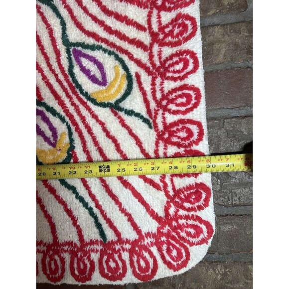 Vintage Chenille Peacock Rug Red Green Yellow White ~ 30”x55” 40-50’s Mod - Picture 9 of 16